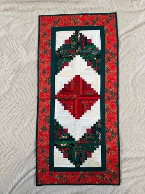 Handmade Red & Green Quilted Table Runner - Holiday Patchwork 36x17